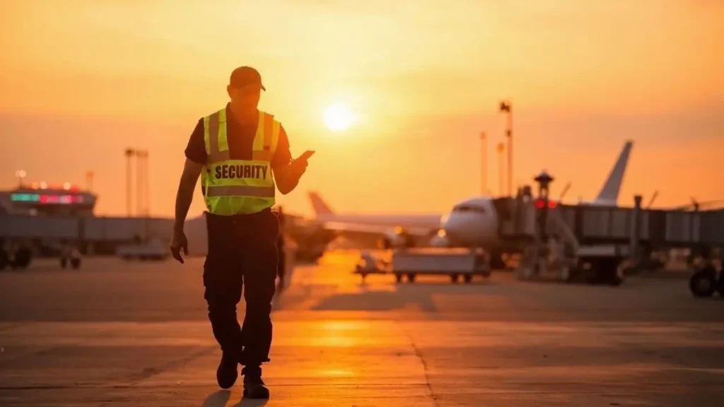 Agent de pază patrulează pe aeroport la apus, folosind aplicația mobilă GPS Patrol pentru verificarea punctelor de control.