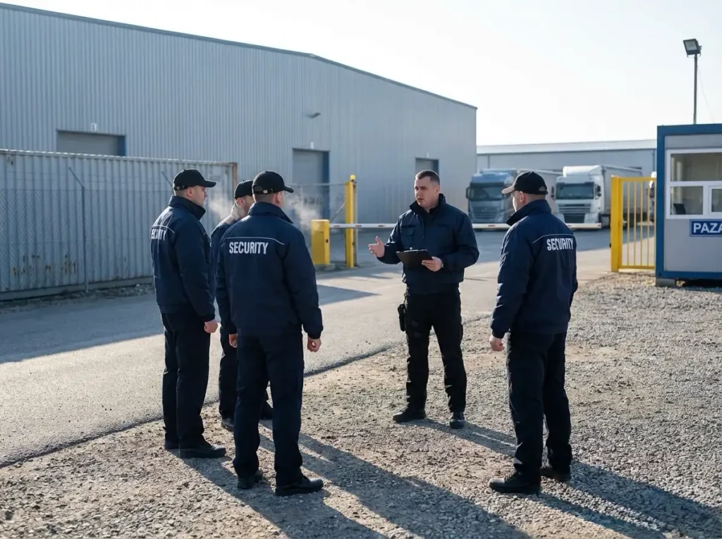 Briefing de dimineață cu cinci agenți înainte de începerea rundei într-un parc logistic din România