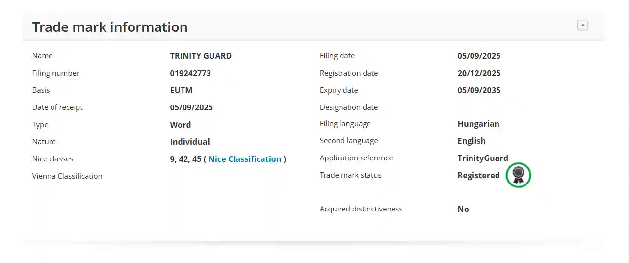 Detalii înregistrare marcă EUIPO Trinity Guard
