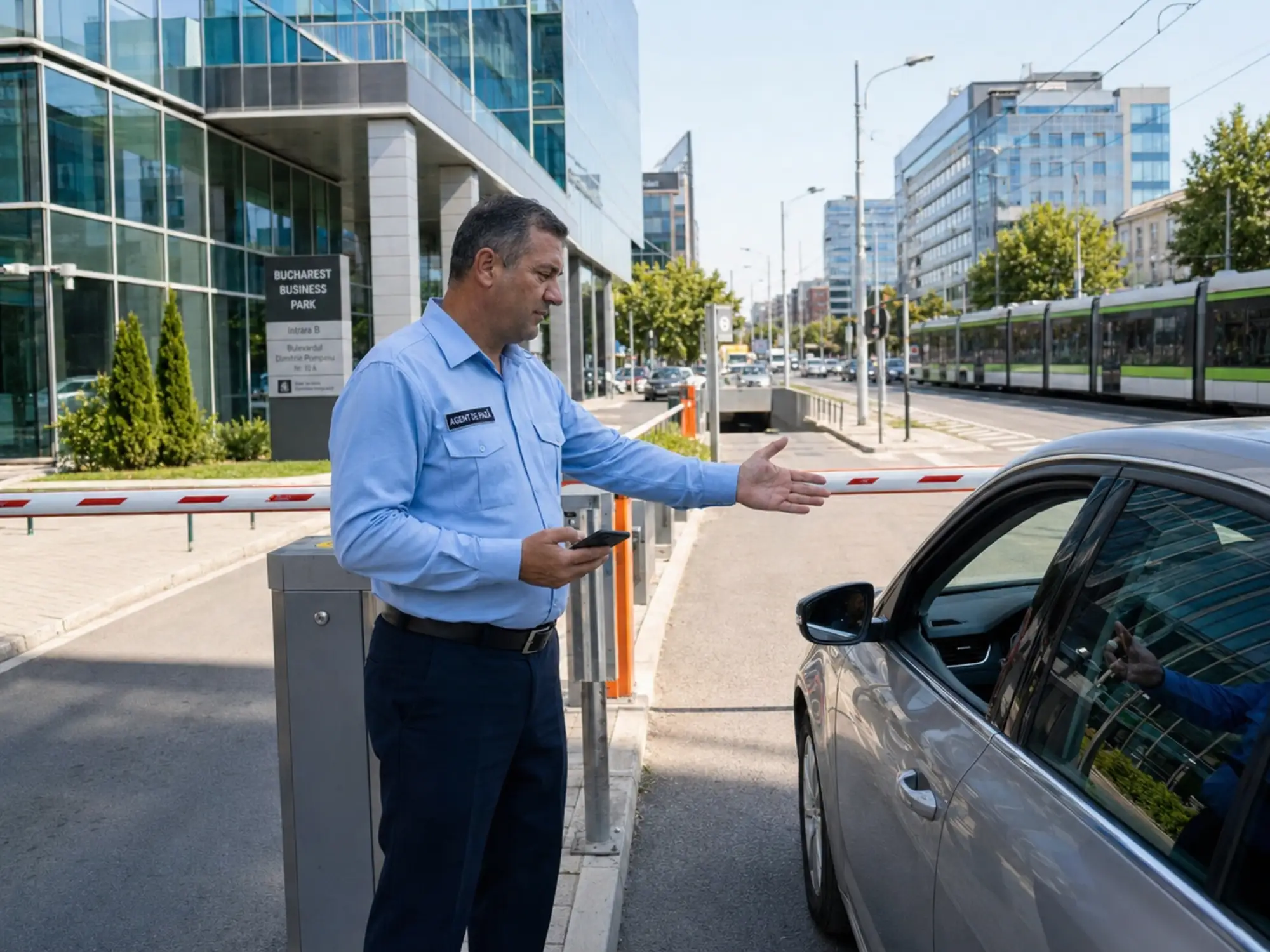 Agent de pază în București folosind Trinity Guard pentru control acces și sistem de rondă într-un business park.