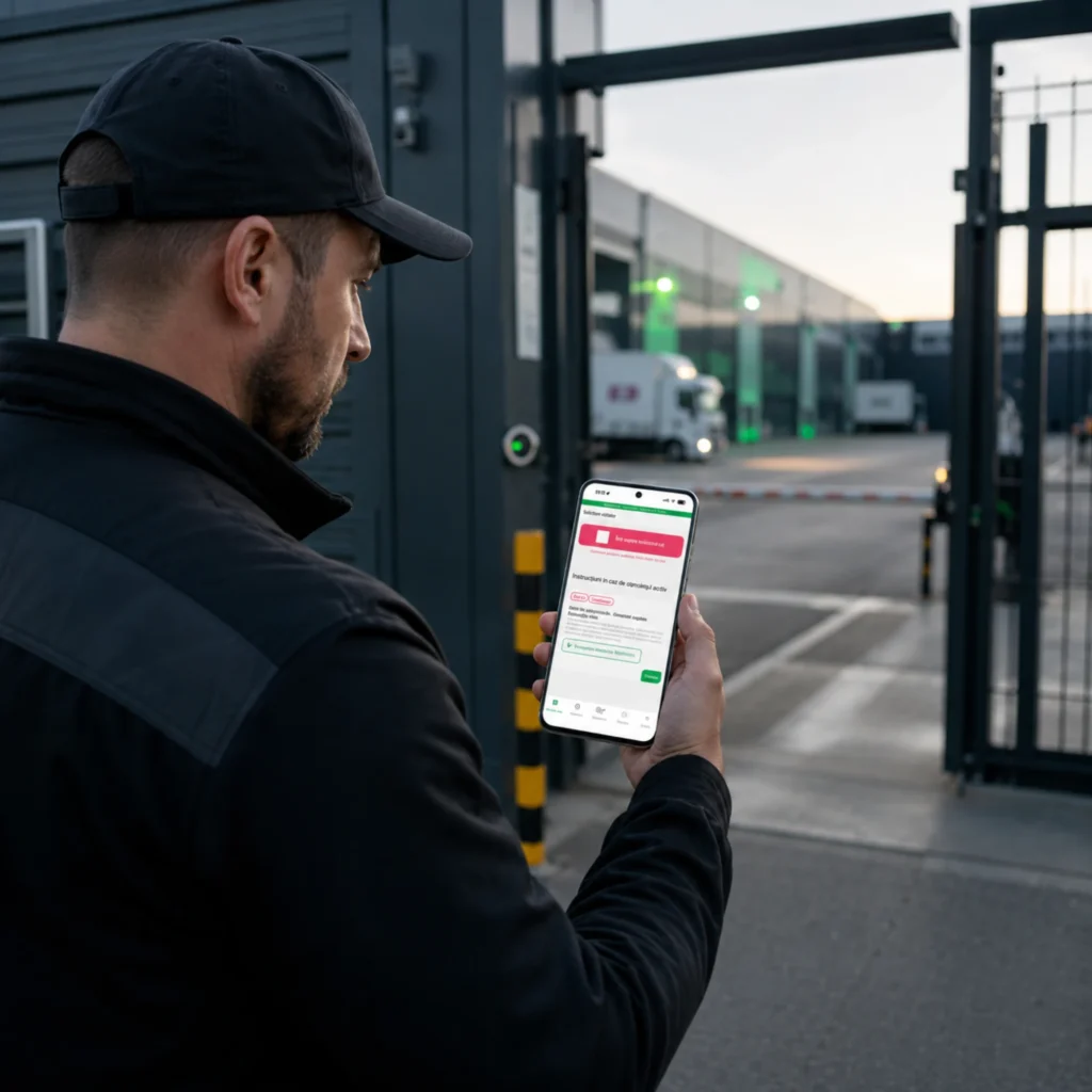 Agent de securitate la poarta unui depozit logistic, folosind aplicația mobilă Trinity Guard® pentru control rond modern și verificare digitală a activității de pază.