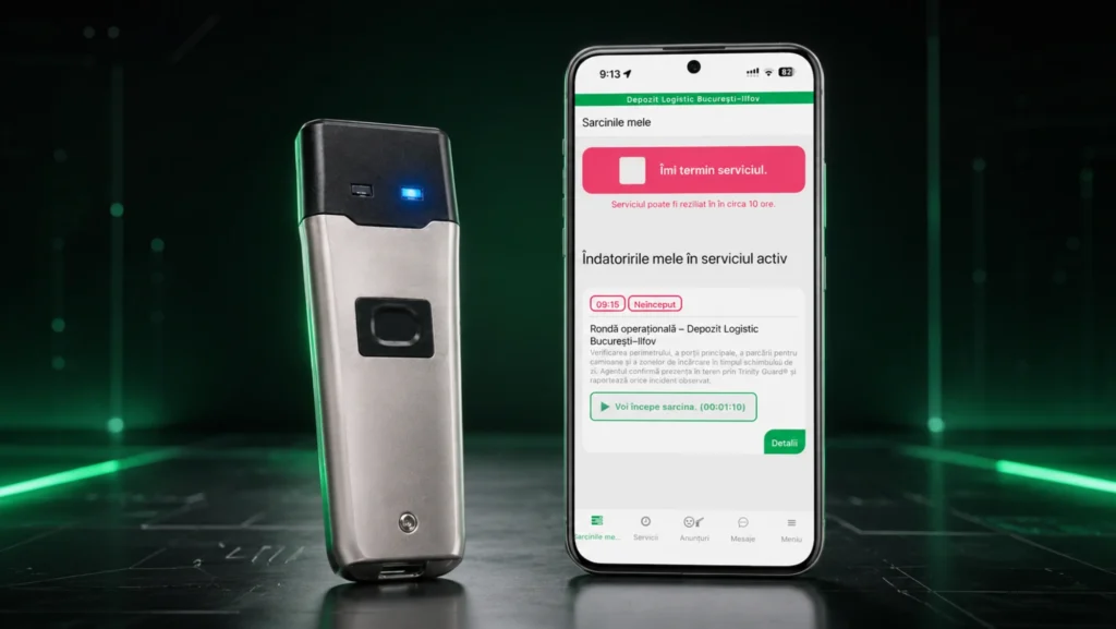 Control rond modern vs verificare tur patrulă tradițională, comparație între dispozitiv clasic de verificare și aplicația mobilă Trinity Guard® pentru firme de pază din România.