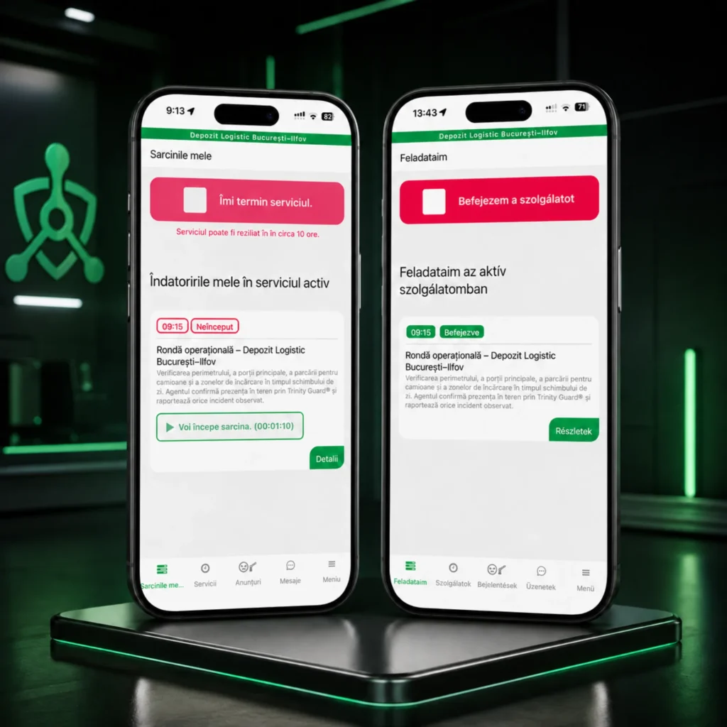 Mockup 3D cu două telefoane mobile în cadru hi-tech, cu interfață Trinity Guard® pentru verificarea digitală a rondelor: ecran în limba română în stânga și ecran în limba maghiară în dreapta.