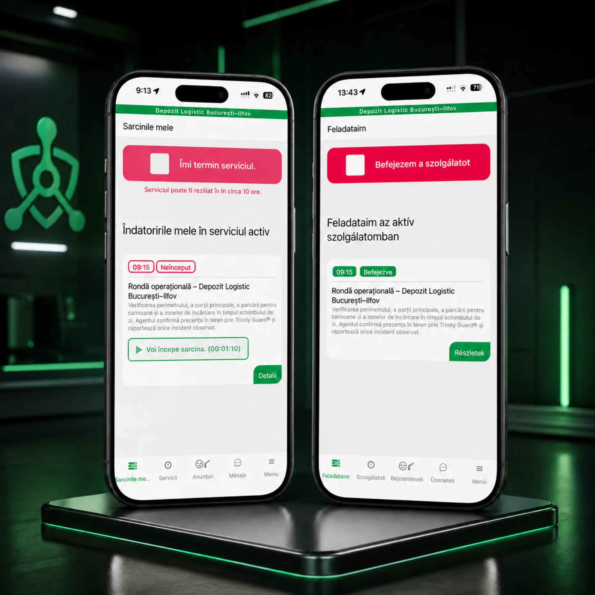 Agent de securitate la poarta unui obiectiv logistic, folosind aplicația mobilă Trinity Guard® pentru verificarea digitală bilingvă a rondelor