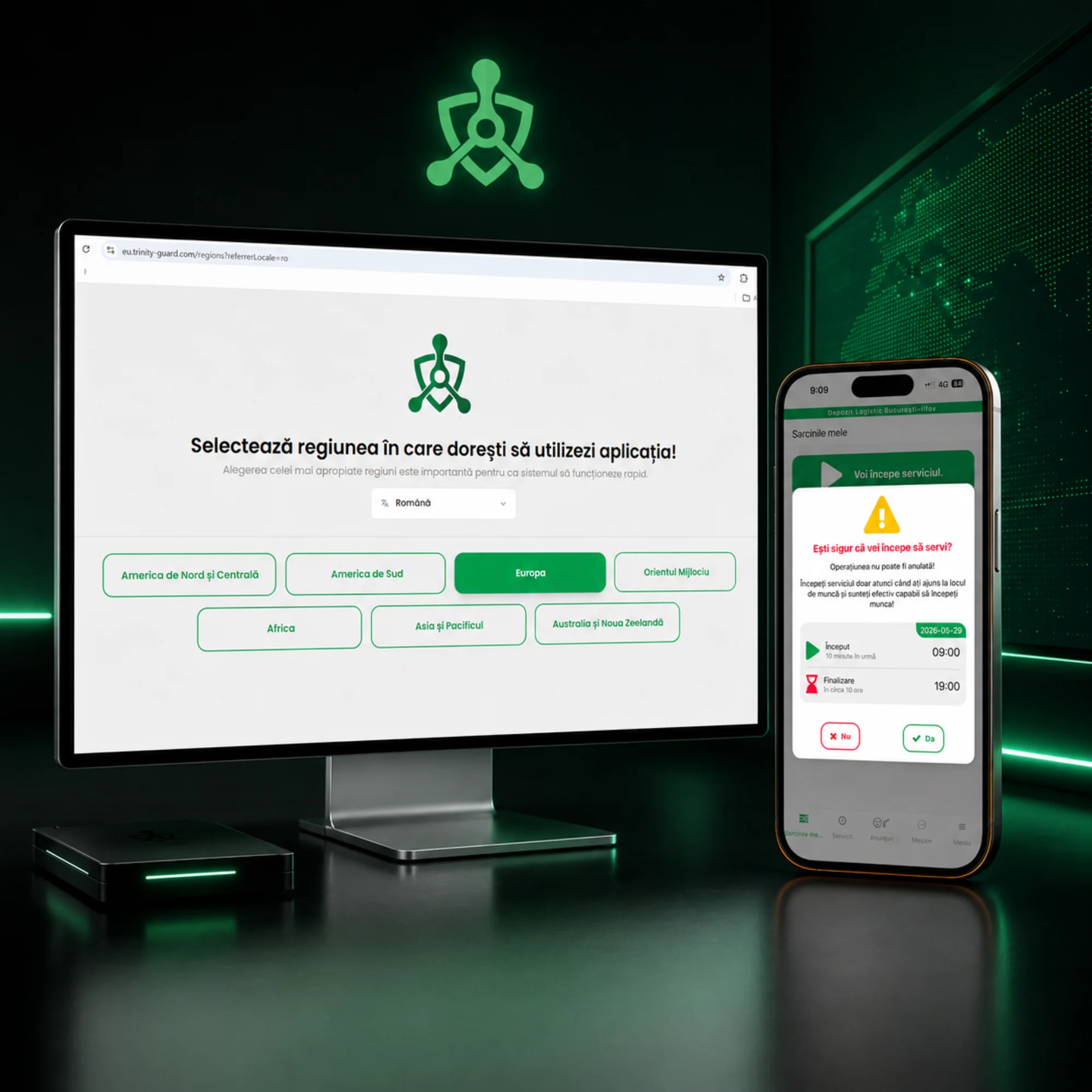 Imagine hero 1:1 cu monitor și telefon mobil, prezentând selectarea regiunii și începerea serviciului în Trinity Guard® pentru firme de pază din România.
