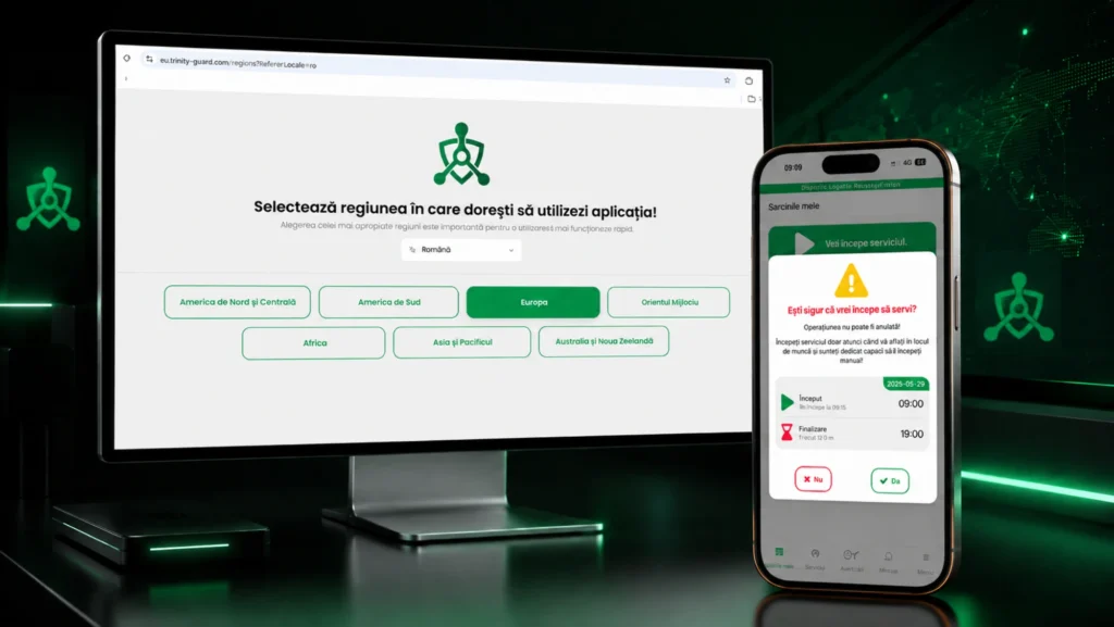 Mockup tech cu monitor și telefon mobil, prezentând selectarea regiunii și confirmarea începerii serviciului în aplicația Trinity Guard® pentru firme de pază din România.